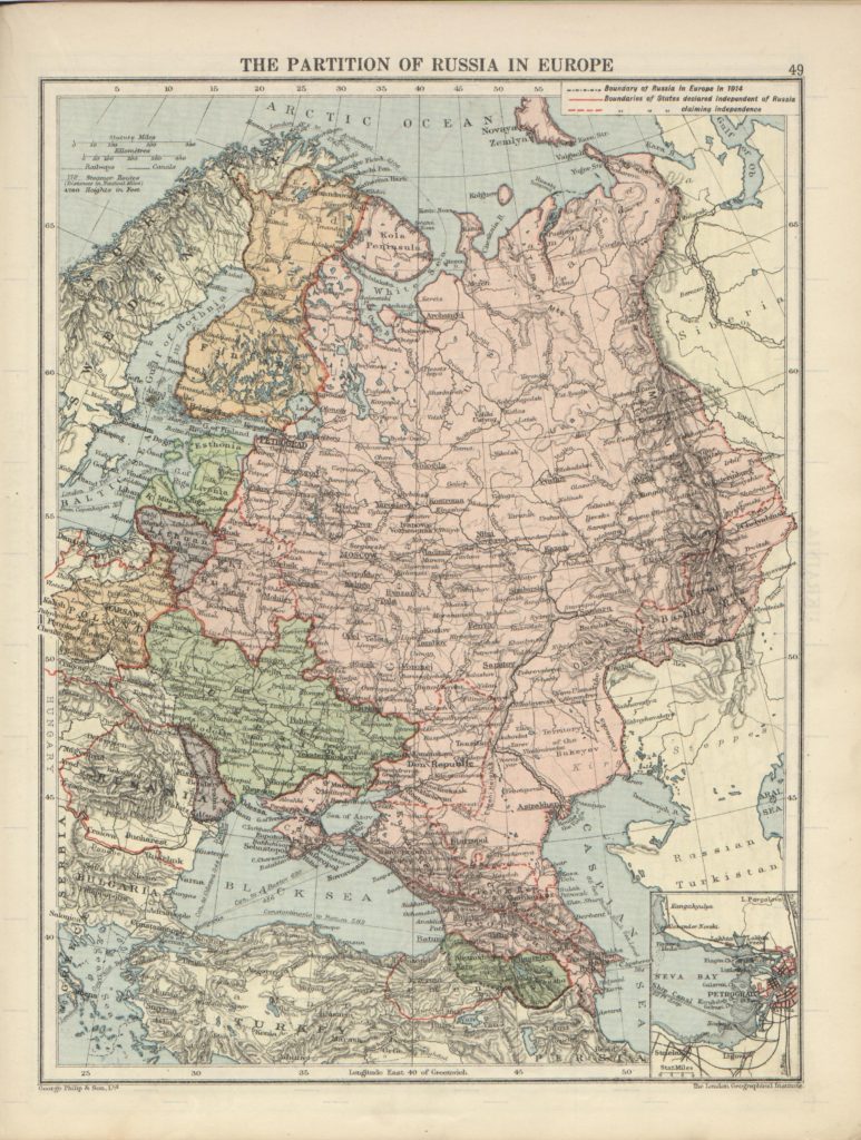 Partition of Russia in Europe (fall of the Russian Empire), from London Geographical Institute - The Peoples Atlas - 1920.